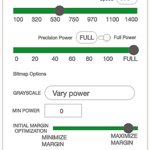 May include: A screenshot of a laser engraver settings menu. The menu includes options for speed, precision power, bitmap options, grayscale, minimum power, initial margin optimization, engrave, lines per inch, and number of passes. The settings are for a custom setting for draftboard and maple.