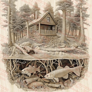 3D-illusie vissershutkunst, rustiek muurdecor, natuurtafereel met vis en blokhut | Direct downloaden | 14 x 14"