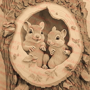 May include: A close-up of a carved wooden sculpture of two squirrels peeking out of a tree trunk. The squirrels are detailed with realistic features and are positioned side-by-side, looking out at the viewer.
