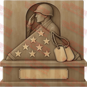 Tributo militar con ilusión 3D PNG - Diseño de grabado láser de 13,9 x 13,7 cm con soldado, bandera doblada y placas de identificación - Arte conmemorativo - GF5Bucks®