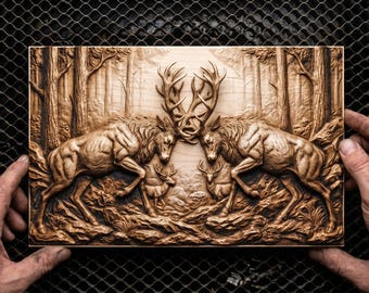 Hyper-Realistic 3D Illusion Battling Forest Stags Relief Laser Engraving PNG - 14.0x8.8 Inches GF5Bucks®