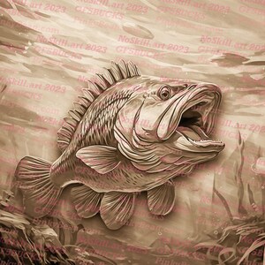 May include: A detailed illustration of a largemouth bass with its mouth open, set against a background of stylized water and aquatic plants. The image is in sepia tones, giving it a vintage feel.