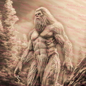May include: A digital illustration of a large, hairy, humanoid creature standing in a forest. The creature is depicted in a sepia tone, giving it a vintage look. The creature's muscles are visible beneath its fur.