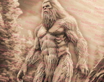 May include: A digital illustration of a large, hairy, humanoid creature standing in a forest. The creature is depicted in a sepia tone, giving it a vintage look. The creature's muscles are visible beneath its fur.