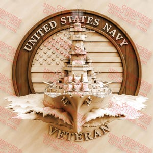Illusion 3D Navy Veteran PNG - Conception hommage au cuirassé - Projet de gravure laser - 14 x 14 - GF5Bucks®
