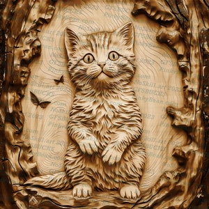 3D Illusion | Laser Burn PNG Digital File | Perfect for Engraving | Laser Ready | Instant Download | Kitten | Cat | Carved Wood Look