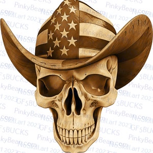 May include: A brown skull wearing a cowboy hat with an American flag design. The skull has a detailed design with visible teeth and eye sockets.