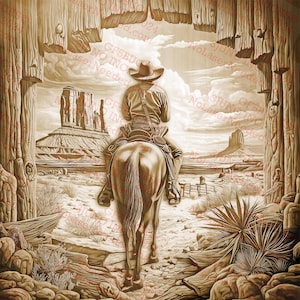 Arte de parede de cowboy de ilusão 3D - decoração de cowboy ocidental, paisagem de passeio a cavalo, cena rústica do deserto, cowboy no cânion | Pronto para laser | 14x14