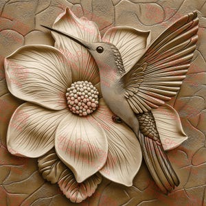 Fichier PNG de gravure laser illusion 3D Colibri et fleur (14 x 14 po) - Gravure nature GF5Bucks®