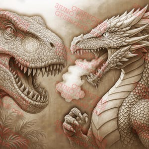 Illusione 3D T-Rex contro Drago PNG, file di incisione da 9,33 x 14 pollici, opera d'arte di scontro tra dinosauri e fantasy per progetti di incisione laser / GF5Bucks®
