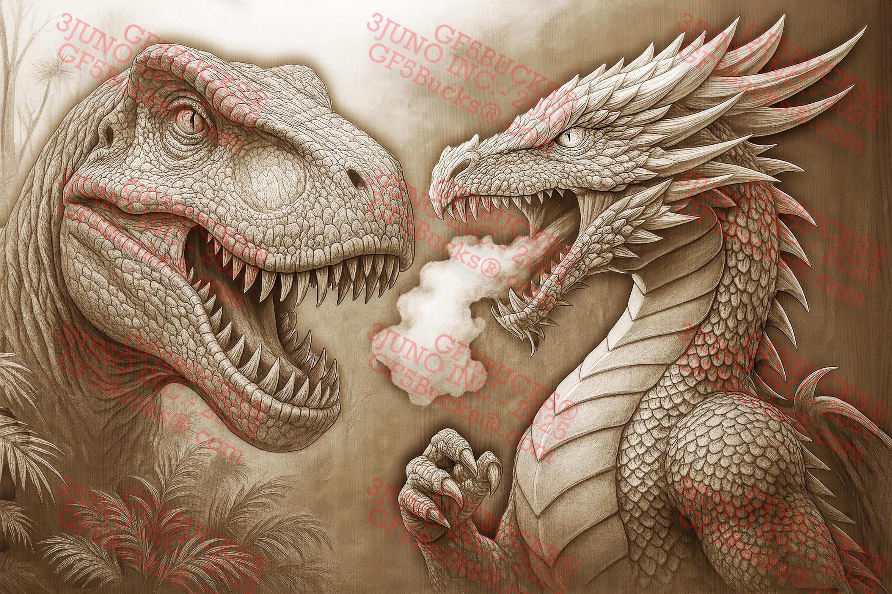 3D Illusion T-rex Vs Dragon PNG, 9.33x14 Inch Engraving File