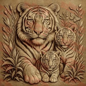 3D-illusion av tigerfamilj i PNG – Djungelungar med djurliv – Lasergraveringskonst – 14x14 – GF5Bucks®