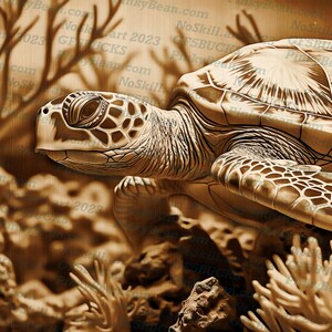 May include: A detailed carving of a sea turtle swimming through coral. The carving is done in a light brown colour, giving the impression of a sepia tone.
