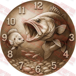 以下が含まれることがあります： 大きな口を開けた大きな魚と小さな魚の詳細なイラストが描かれた丸い時計の文字盤。 文字盤には3から12までの数字があります。 背景はセピア色で、小さな魚と岩が描かれています。