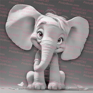 Puede incluir: Ilustraci&oacute;n en escala de grises de un elefante de dibujos animados con ojos grandes y una trompa. El elefante est&aacute; sentado, con los brazos apoyados en las piernas. El fondo es de color gris s&oacute;lido.