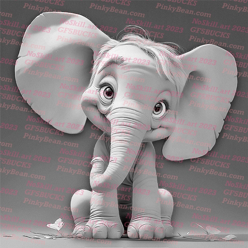 Puede incluir: Ilustraci&oacute;n en escala de grises de un elefante de dibujos animados con ojos grandes y una trompa. El elefante est&aacute; sentado, con los brazos apoyados en las piernas. El fondo es de color gris s&oacute;lido.