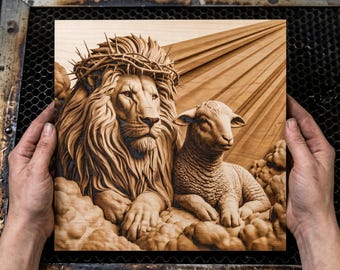 3D Illusion Laser Engraving PNG Art for Majestic Lion Lamb Art 14.0x14.0 Inches GF5Bucks®