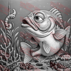 May include: A grayscale illustration of a fish looking at a worm on a hook. The fish has detailed scales and fins, with a surprised expression. The worm is also detailed, with a worried expression. The background includes aquatic plants and coral.