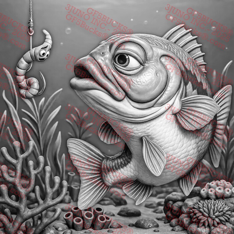 May include: A grayscale illustration of a fish looking at a worm on a hook. The fish has detailed scales and fins, with a surprised expression. The worm is also detailed, with a worried expression. The background includes aquatic plants and coral.
