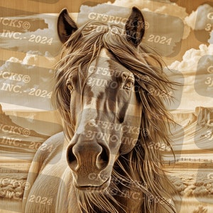 May include: A close-up of a brown and white horse with a long mane and tail. The horse is looking directly at the camera. The background is a blurred image of a desert landscape.
