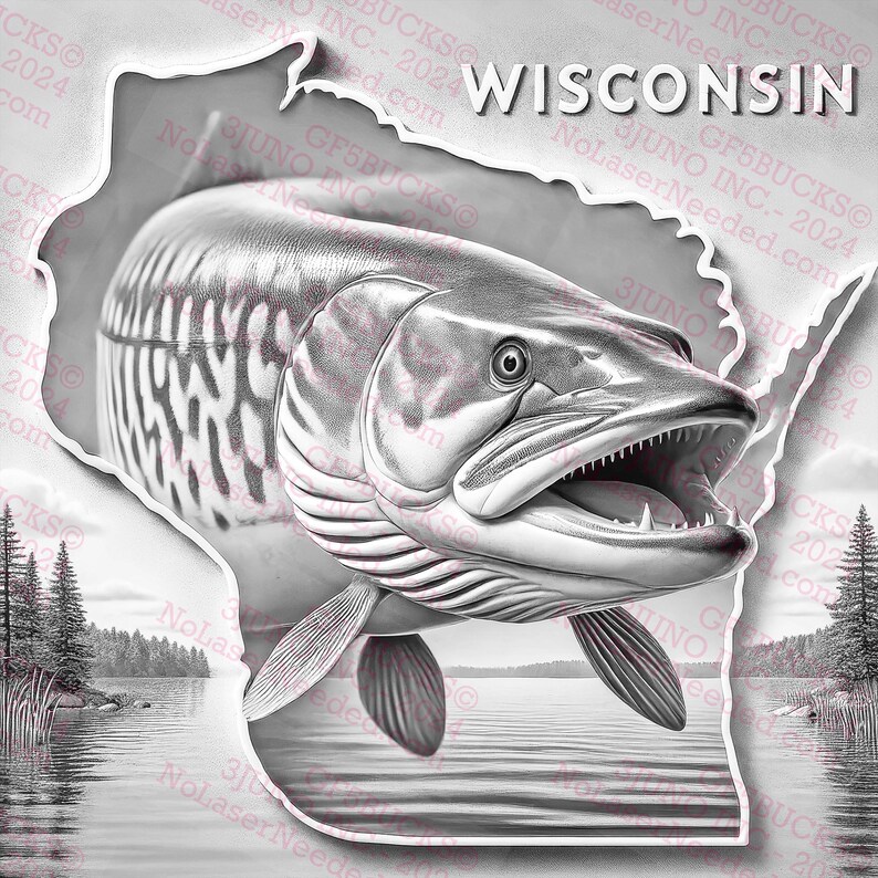 May include: A black and white illustration of a muskie fish jumping out of the water. The fish is in front of an outline of the state of Wisconsin. The text "WISCONSIN" is above the fish.