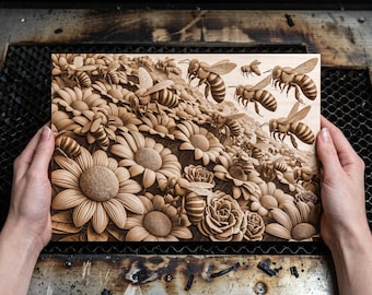 3D Illusion Laser Engraving PNG Art for Honeybees Pollinating Garden Flowers 14.0x9.8 Inches GF5Bucks®