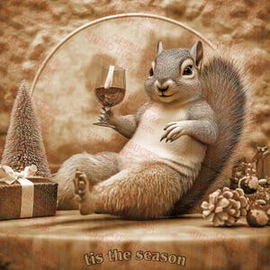 3D Illusion Art - Eichhörnchen Tis The Season mit Weinglas Lustiger Feiertagsdekor | Gravur | Laser bereit PNG | Digitale Designdatei | 14x14