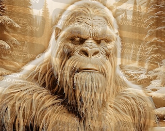 May include: A close-up of a large, hairy, brown creature with a serious expression. The creature is sitting in a forest setting with snow on the ground. The image is in sepia tone.