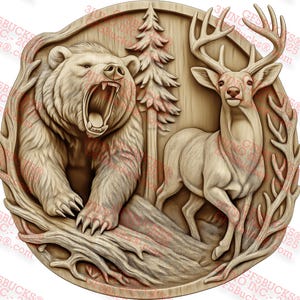3D Illusion Bear and Deer PNG - 13.9x13.6 Laser Engraving Design with Forest Scene and Wildlife Frame - Hunting Cabin Decor - GF5Bucks®