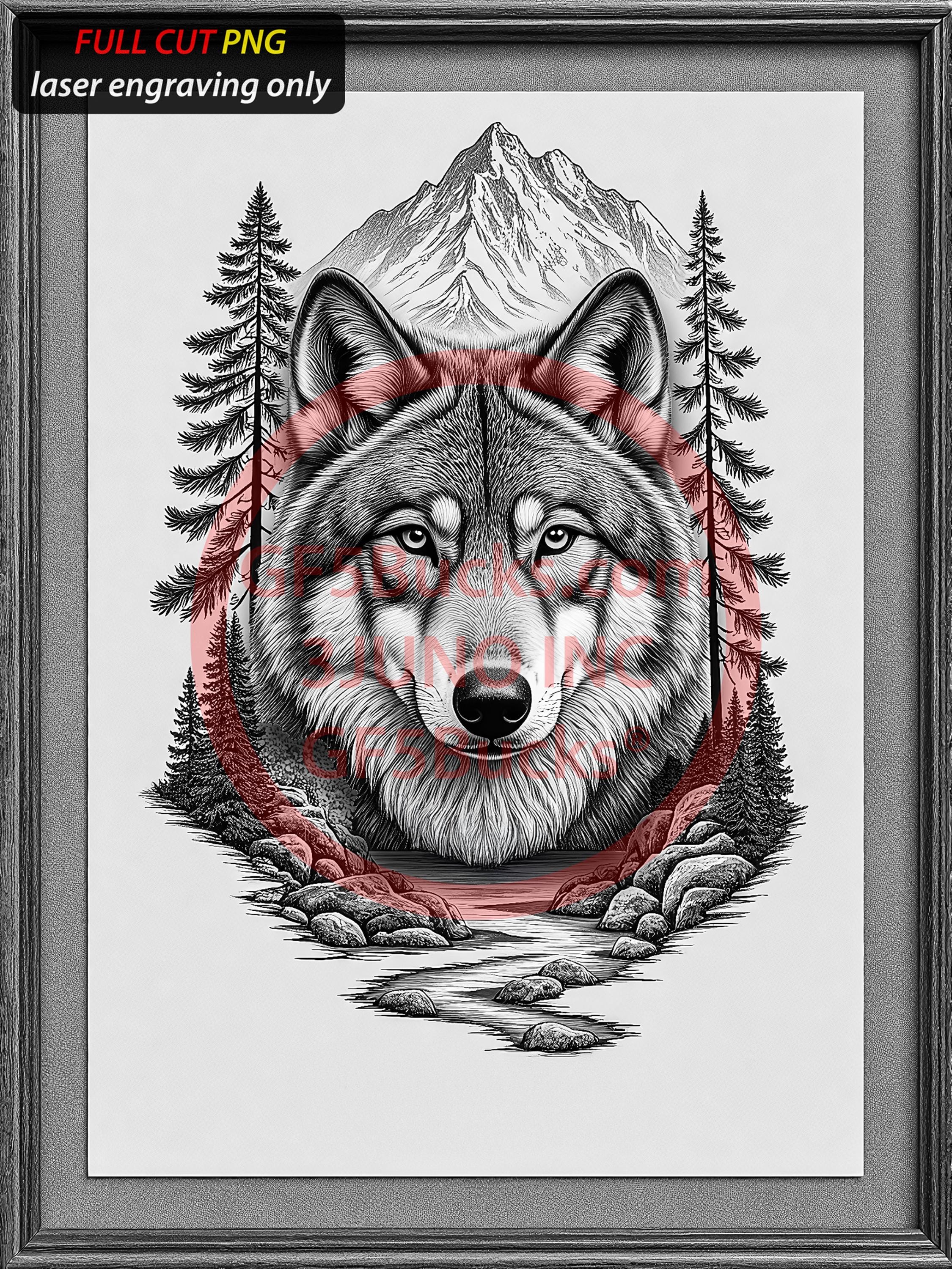 3Dイリュージョンウルフ PNG – 山の風景レーザー彫刻アート – 10.5x14