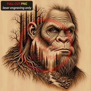 Op de afbeelding: Houten kunstwerk met lasergravure met een gedetailleerde illustratie van een Bigfoot. Het kunstwerk bevat een boslandschap met bomen en een rivier, met de tekst "FULL CUT PNG laser engraving only" linksboven. Het kleurenpalet omvat bruin-, rood- en beigetinten.
