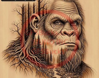 May include: Laser engraved wooden art piece featuring a detailed illustration of a Bigfoot. The artwork incorporates a forest scene with trees and a river, with the text "FULL CUT PNG laser engraving only" in the upper left corner. The color palette includes shades of brown, red, and beige.