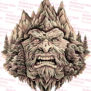 May include: A digital illustration of a mountain range with a large, detailed face of a creature emerging from the center. The creature has a large, bushy beard and a fierce expression. The mountains are a light brown color, and the creature's face is a darker brown.