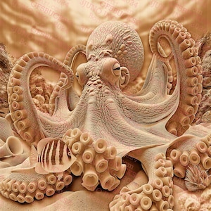 Octopus, zeeleven - laserverbranding, png | 3D-illusie | Graveren | Gereed voor laser | Digitaal ontwerpbestand | 14 x 14"