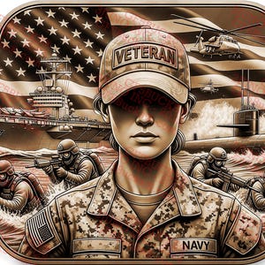 Veterana de la Marina con ilusión 3D PNG – Diseño de grabado militar de homenaje femenino – Bandera de los SEALs del submarino portaaviones – 14 x 9,6 – GF5Bucks®