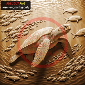 May include: A wooden carving depicting a sea turtle surrounded by schools of fish. The turtle features a textured shell and reddish-brown details. The fish are also carved from wood, creating an underwater scene. Text in the upper left corner reads "FULL CUT PNG laser engraving only."