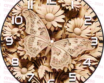 3D Illusion | Laser PNG Digital File | For Engraving | Laser Ready | Instant Download | Clock | Butterfly