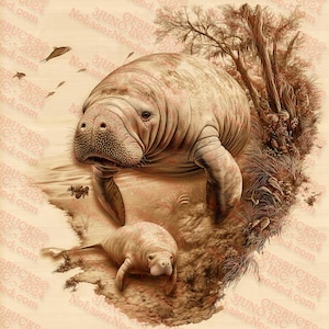 May include: A wood carving of a mother manatee and her calf. The manatees are brown and have wrinkled skin. The carving is set against a background of trees and water.