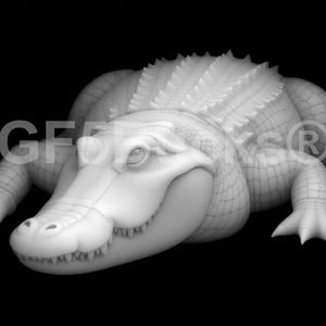 May include: A grayscale image of an alligator sculpture. The alligator is lying down, with its head and body in full view. The sculpture has detailed scales, teeth, and claws. The background is black.