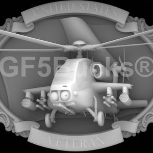 Peut inclure: Représentation 3D en niveaux de gris d'un hélicoptère militaire, centré dans un cadre ovale orné. Le cadre porte les inscriptions « UNITED STATES » et « VETERAN » sur des bannières, avec le texte « GF5Bucks® » et des emblèmes d'étoiles. L'hélicoptère est armé.