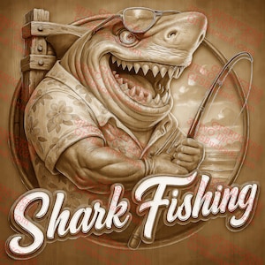 3D Illusion Shark Fishing PNG, 14x14 Inch Engraving File, Cartoon Shark with Rod in Hawaiian Shirt for Laser Engraving Projects | GF5Bucks®