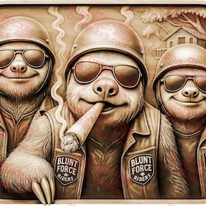 Lustige Faultier Biker Gang-Szene - 3D-Illusion Blunt Force Rider PNG - Lasergravurprojekt - 14x10.94 - GF5Bucks®