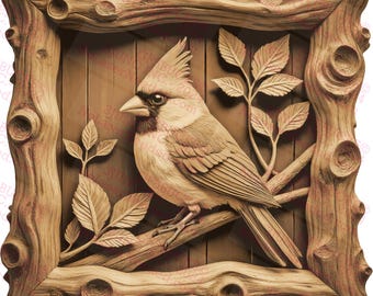 3D Illusion Art Cardinal with Wooden Log Frame - Bird Wall Art Decor | Digital File PNG | 14x13.25