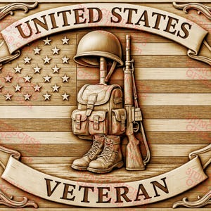 Diseño PNG de veterano con ilusión 3D, grabado láser, 14 x 9,5 pulgadas • Bandera conmemorativa de EE. UU. con botas, casco y rifle • Emblema patriótico de GF5Bucks®