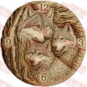 Reloj PNG con ilusión 3D de lobo – Diseño de grabado láser de lobos del bosque – Arte mural de vida silvestre – 13.8 x 13.9 – GF5Bucks®