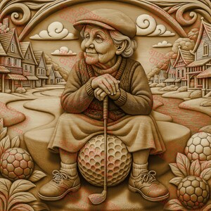 May include: A carved wooden sculpture of an older person sitting on a golf ball, holding a golf club. The sculpture is set against a background of miniature houses and a golf course.