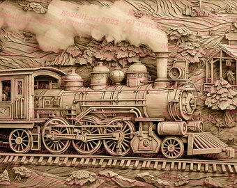 Laser Burn PNG | 3D Illusion | Engrave | Laser Ready | Digital Design File | Train | Steam Engine | Locomotive | Old West