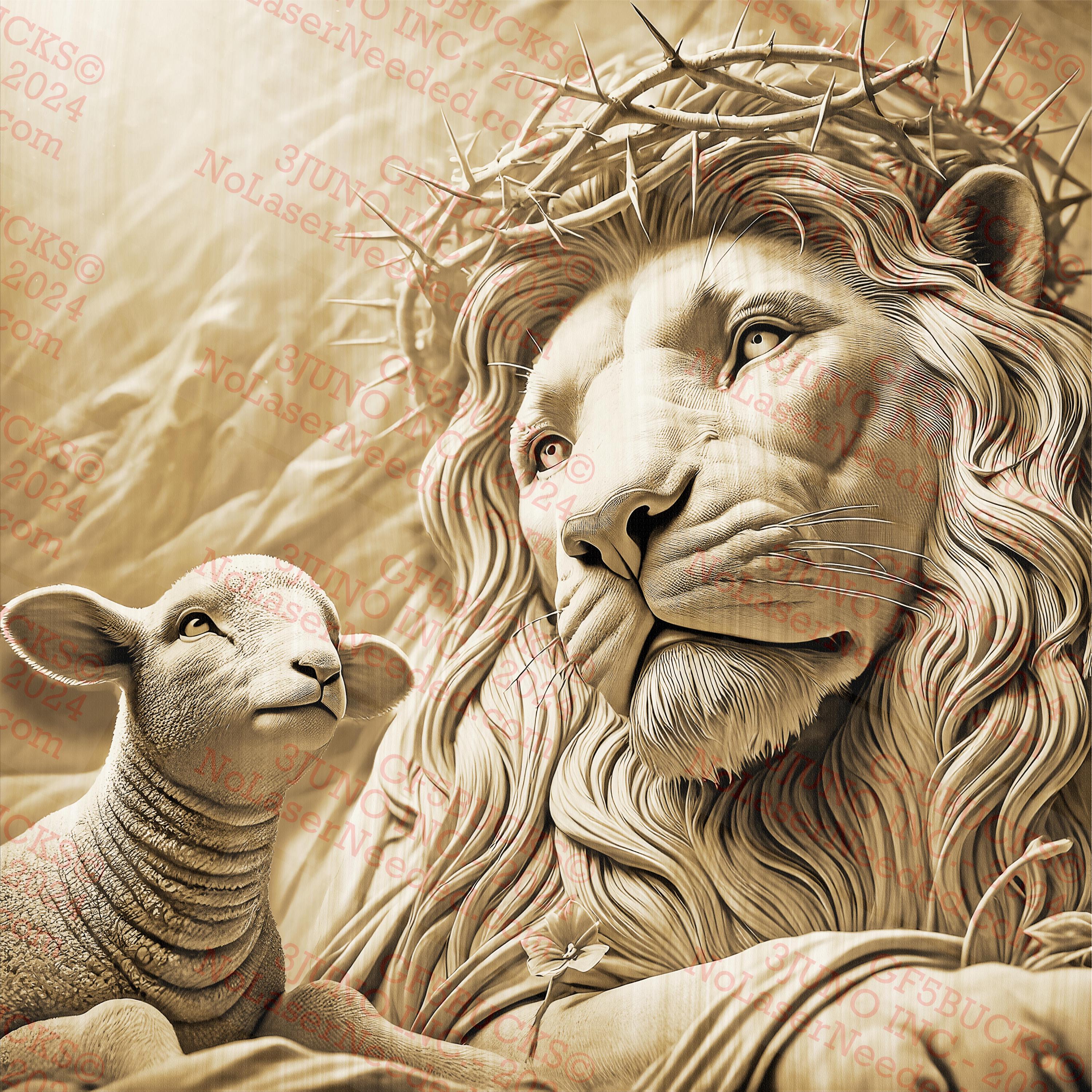 3D Illusion Lion and Lamb Art, Religious Wall Decor, Crown