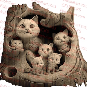 Laser Burn PNG | 3D Illusion | Engrave | Laser Ready | Digital Design File | Cat Family | Tree Carving | Adorable