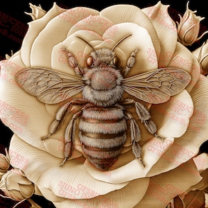 May include: A detailed wood carving of a bee on a white rose. The bee is in the center of the rose and has a fuzzy brown body with black stripes. The rose is in full bloom and has a delicate, intricate design.